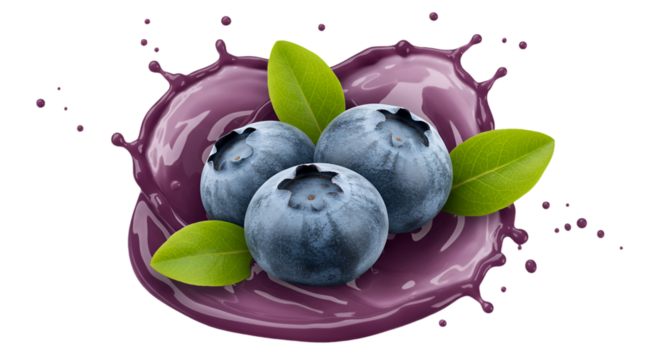Illustration Of Blueberries in Purple Splash with Green Leaves Isolated on Black Background
