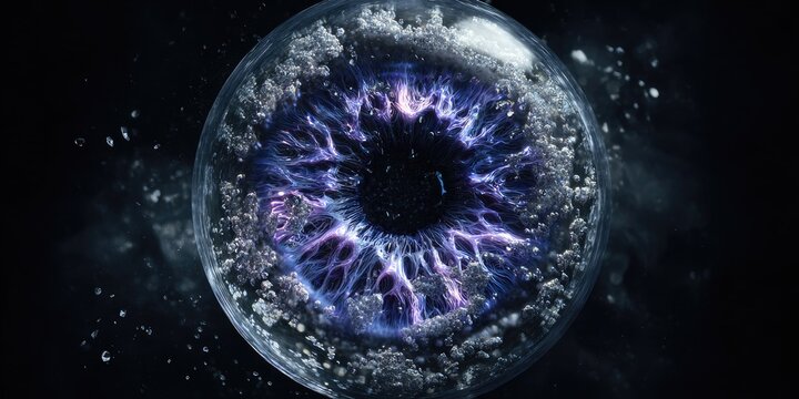 A fractured, glowing eye within a cosmic sphere