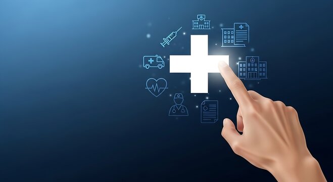 Healthcare Technology Interface: Hand Touching Medical Icons on Digital Blue Background, Innovation in Health Services