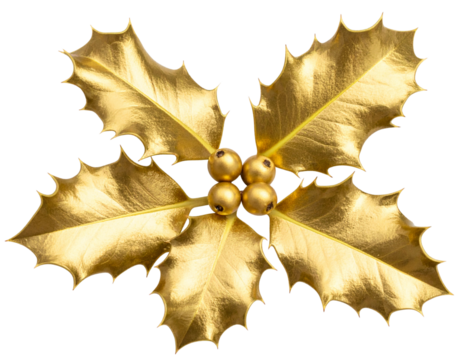 Golden Foil Holly Leaf Design Element, isolated on transparent background PNG