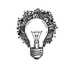Illustration Of Lightbulb Idea With Doodle Background In Black And White Style