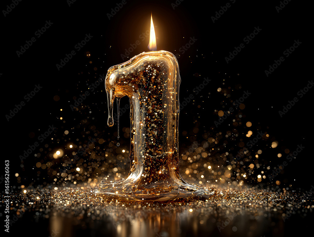 Poster glowing 3d number 1 made from molten gold or bronze, surrounded by confetti and sparkles dark backgr