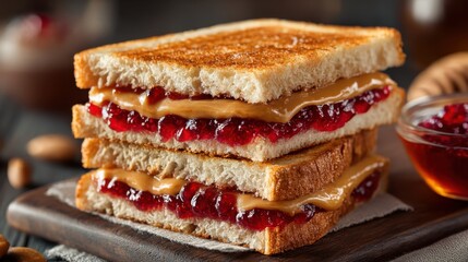 Delicious peanut butter and jelly sandwich stacked on a wooden board with a side of jelly