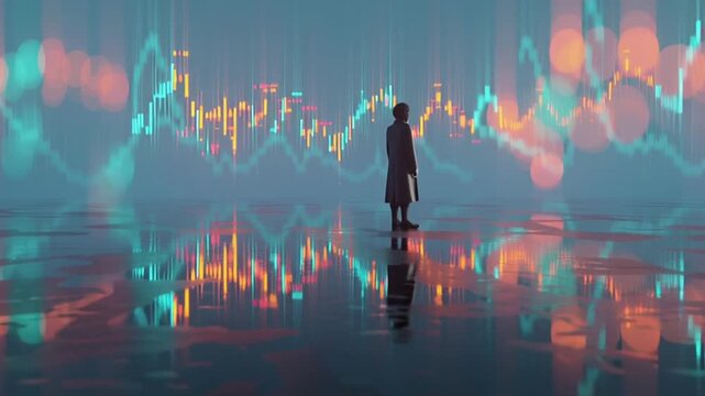 Surreal lone figure analyzing glowing 3D stock market charts air mirrored floor. Abstract colorful bokeh lights swirl neural network mystic fog, ambient glow, futuristic financial aesthetic, dreamcore