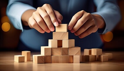 building blocks hand stacking wood block cube construction business strategy concept