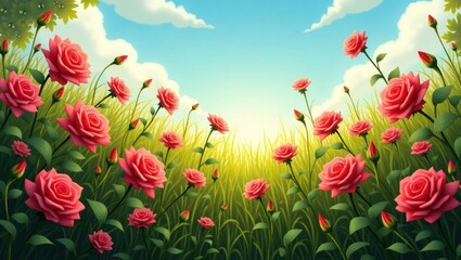 Lush rose garden under a vibrant sky.