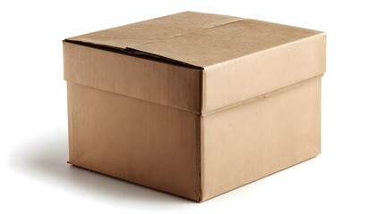 Medium-sized cardboard box slightly dented on white background