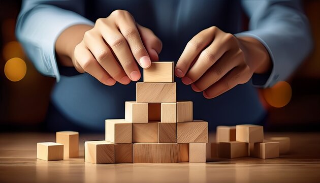 building blocks hand stacking wood block cube construction business strategy concept