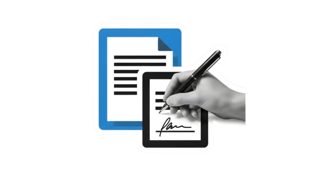Signing Documents Icon: Illustration of Hand Signing Business Contract with Pen on Tablet