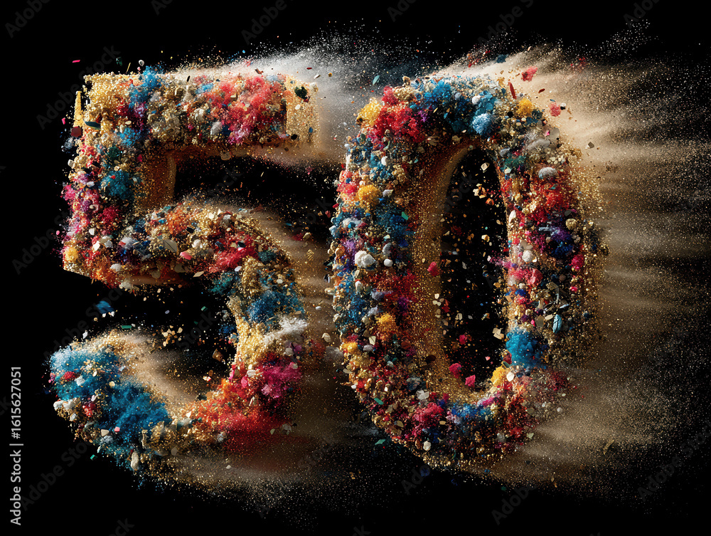 Poster vibrant, semi-transparent 3d number 50 bursting with color, created from exploding glitter and chrom