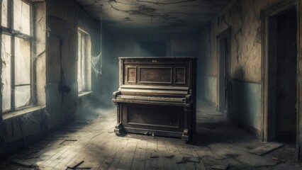 A dusty, old piano sits alone in a decaying hallway, sunlight illuminating dust motes