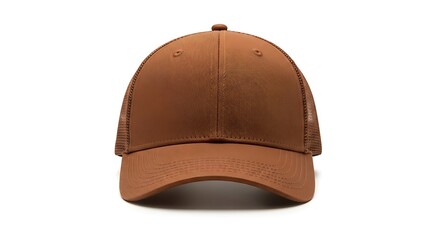 A brown trucker cap with mesh sides isolated on a white background