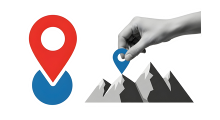 Achieving goals: Hand placing location pin on mountain peak for adventure and success.