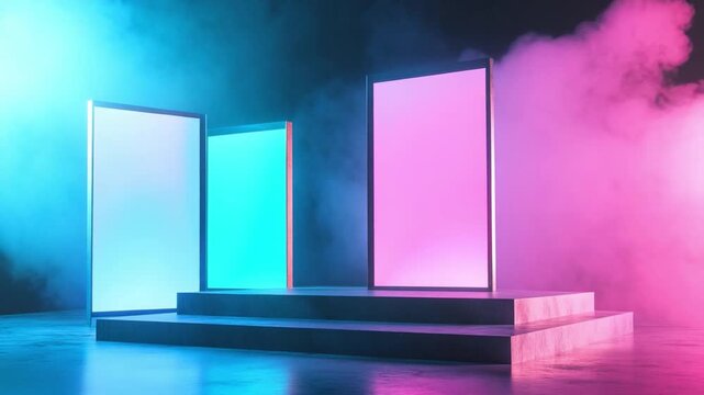 Illuminated digital displays: a futuristic digital displays, illuminated in a vibrant fusion of blue and pink hues, is enveloped in a dynamic embrace of smoke, set upon a sleek platform. 