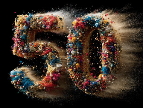 Vibrant, semi-transparent 3D number 50 bursting with color, created from exploding glitter and chrome on black background, symbolizing celebration or milestone - AI-Generated
