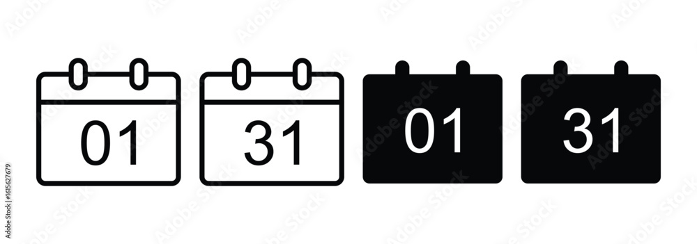 Poster modern date calendar icons. date, day, and month symbols in outline and solid styles. minimal vector
