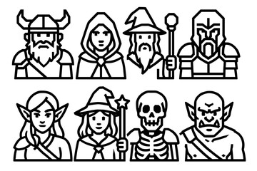 Fantasy RPG Character Icons Set – Wizard, Knight, Elf, Cleric, Demon, Viking, Hero