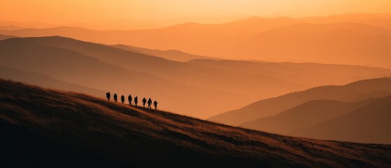 A team of hikers reaches the summit of a rugged mountain at sunrise, silhouetted against a breathtaking golden sky, story  concept meaning design Hikers on a mountain peak at sunset