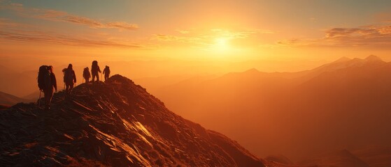 A team of hikers reaches the summit of a rugged mountain at sunrise, silhouetted against a breathtaking golden sky, story  concept meaning design Hikers on a mountain peak at sunset