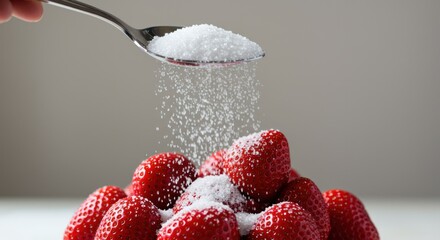 Spoon pouring sugar over fresh ripe red strawberries, closeup