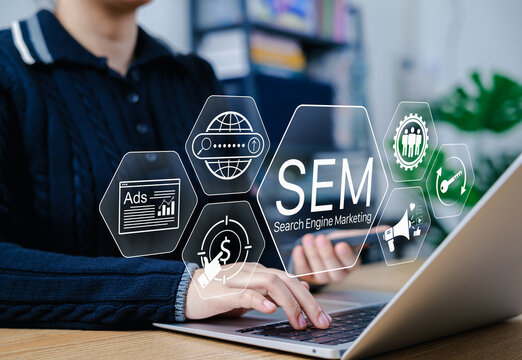 SEM, Search Engine Marketing Concept. Businessperson working on laptop with SEM icons, featuring ads, analytics, keywords, reach, pay per click, online marketing tools, digital advertising strategy,