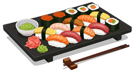 Assorted Sushi on Black Tray with Chopsticks and Condiments