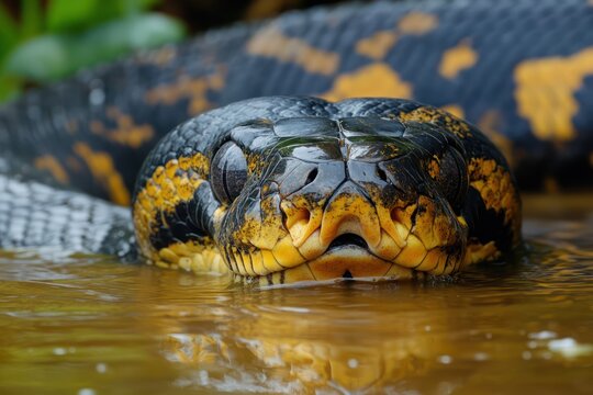 Giant anaconda resting in murky river water