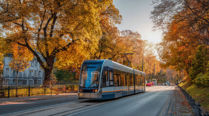 Obraz premium Modern tram gliding through a picturesque autumn landscape with vibrant orange and yellow foliage lining the street, creating a serene fall atmosphere