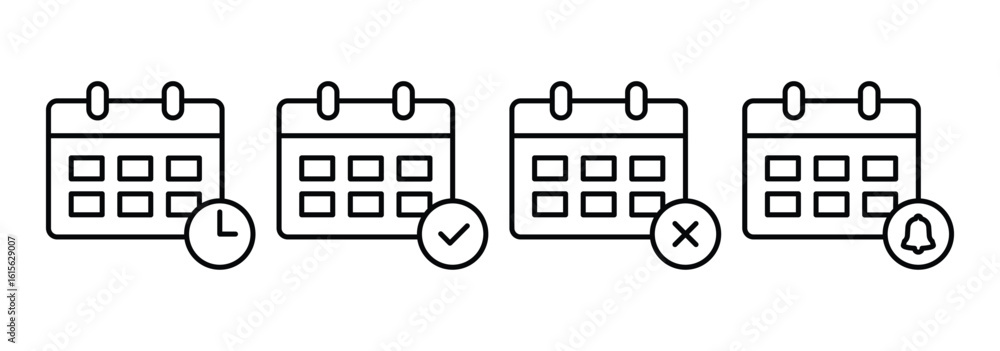 Poster calendar icon set with time, task, reminder, and notification symbols. minimal outline vector for pl