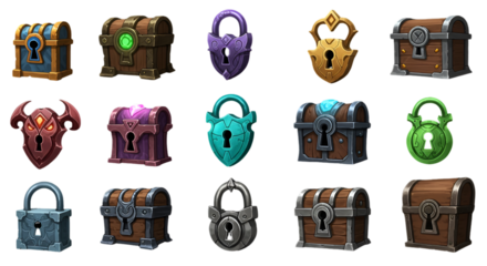 Isolated Chests and Locks Illustration Featuring Treasure and Gold Symbols