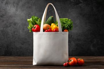 Reusable fabric bag with vegetables on dark background