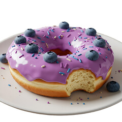 Isolated Donut With Bite Out Of It With Blueberries And Sprinkles On White Plate