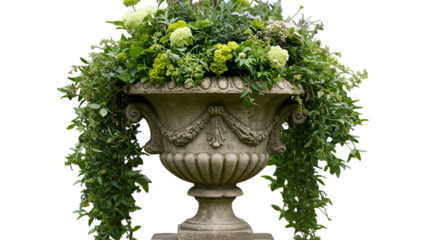 Isolated Antique Stone Vase Illustration With Green Plants And Ivy