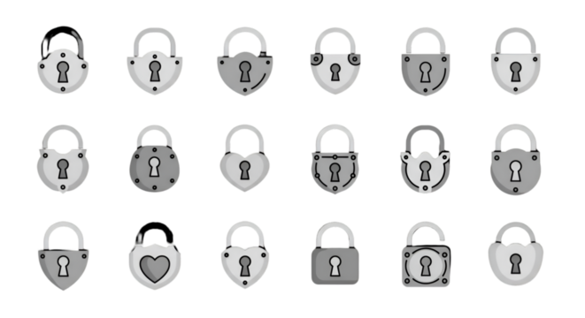 Illustrative Silver Locks on Transparent Black Background for Security and Access