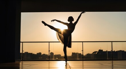 Silhouette of a ballerina dancing gracefully at sunrise with cityscape background