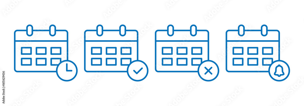 Poster calendar icon set with schedule, reminder, and notification symbols. minimal calendar line icon with