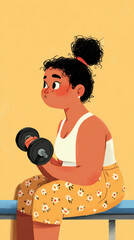 Sweaty Plus-size teen girl lifting dumbbell on bench - Digital illustration