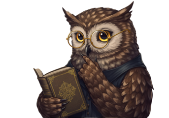 Illustration Of A Cute Wise Owl Wearing Glasses Reading A Book On Transparent Background