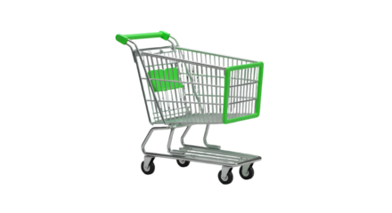 Isolated 3D Render of a Shopping Cart with Green Accents on Transparent Background