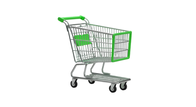 Isolated 3D Render of a Shopping Cart with Green Accents on Transparent Background