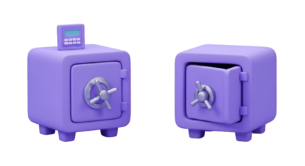 Isolated 3D Render of Purple Safe Boxes with Open and Closed Doors