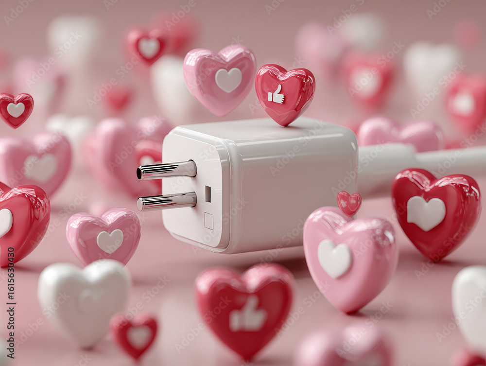Poster a 3d, ultra-realistic power adapter cord with scattered heart icons, floating in a softly blurred ba