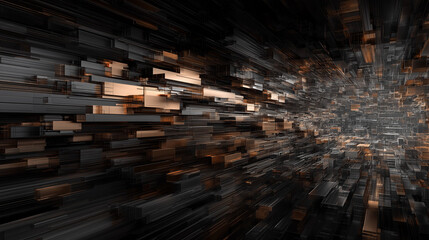 Dark abstract grid tunnel with high-speed motion effect and glowing copper rectangles, symbolizing digital data transfer, 3D cyber space, and futuristic technology movement in deep space