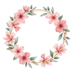 Obraz premium Elegant watercolor wreath with pink cherry blossoms and leaves. Beautiful circular floral frame with a golden ring for wedding invitations.