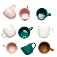 Isolated Ceramic Mugs Collection In Pink White And Green Colors