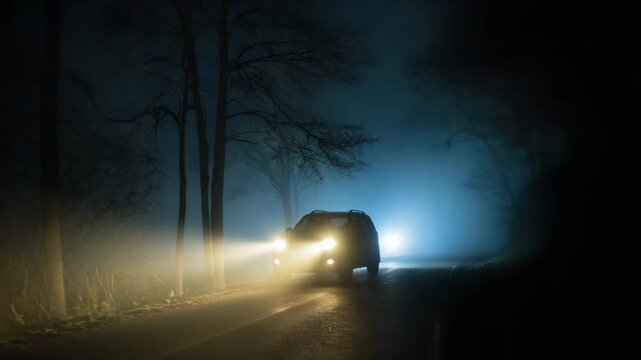 Car driving on a foggy road illuminated by headlights at night  