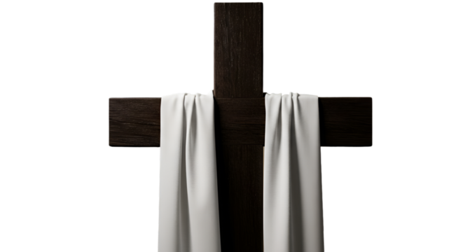 Isolated Background Of Wooden Cross With White Cloth Christianity Symbol