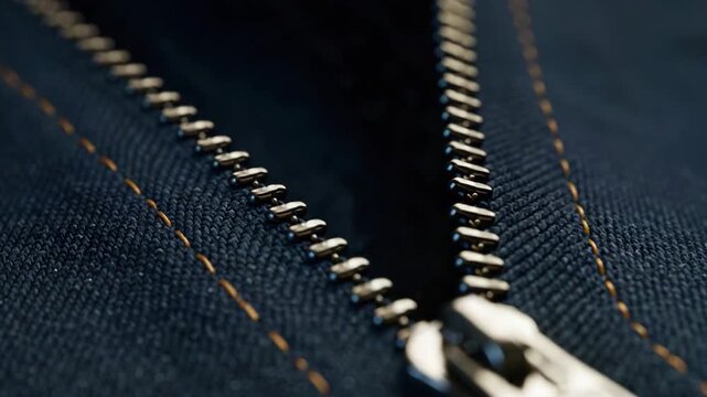 Close-up of zipper on dark fabric with stitching details  