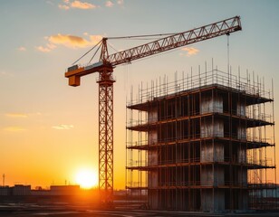 Sunrise illuminates building site and tower crane in warm tones.