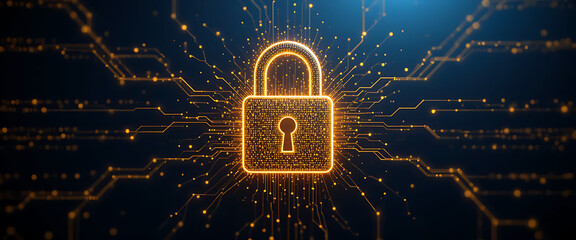 Abstract pop up cyber protection 3d digital lock which created by millions of tiny golden glowing particles connected by glowing lines, in a solid minimalist dark purple gradient texture background, 